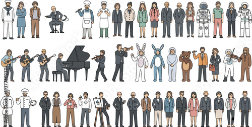 Vector illustration of diverse people in various professions, including chef, doctor, musician, astronaut, artist, and business roles, for career and community concepts.