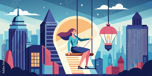 surreal moment of a woman traveling on a swing carried by a light bulb over a metropolis
