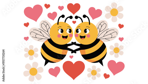 Bee couple illustration with hearts and flowers for Valentine's Day