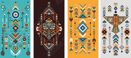 Vector illustration of tribal ethnic patterns, geometric indigenous motifs, aztec style ornaments, bohemian graphic elements, african mask designs, and native american bird symbols.