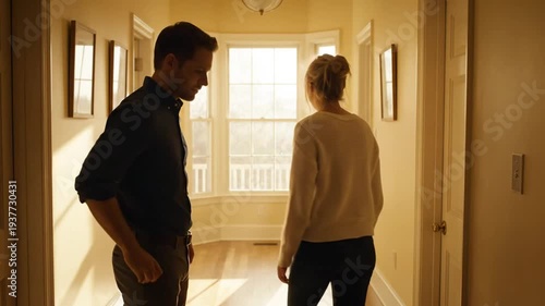 Couple arguing in hallway.