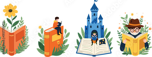 Whimsical vector illustration set of people reading books with fantasy castle, blooming flowers, and green leaves isolated on white for education design,