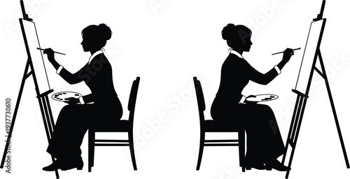 Female artist painting on canvas at easel silhouette, creative woman painter with palette working on artwork, art studio creativity, painting hobby vector illustration