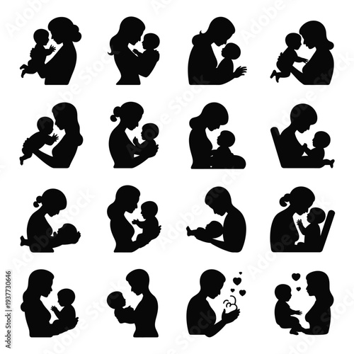 Silhouettes of mothers holding children in various poses