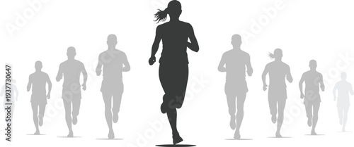 Group of running athletes silhouettes with female runner in front, marathon and fitness training concept, sport competition and healthy active lifestyle illustration
