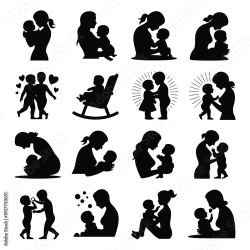 Silhouettes of mothers and children in various affectionate poses