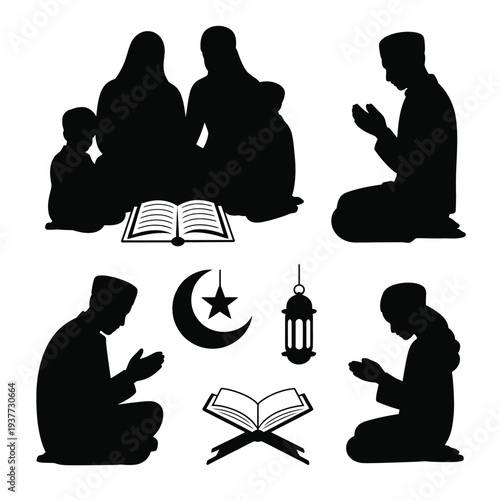 Silhouettes of muslims praying with religious symbols and books