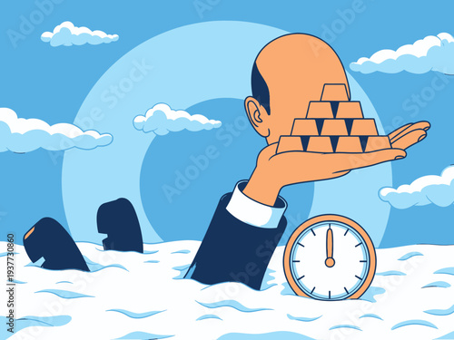 Man drowning in water, holding gold bars, with clock in background, symbolizing financial crisis or overwhelming debt.