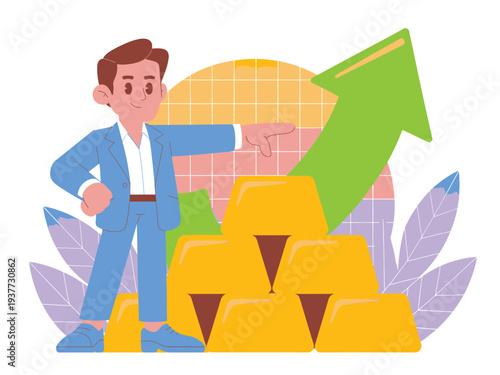 Man in suit points to stack of gold bars with rising arrow, representing wealth, investment, and financial prosperity.