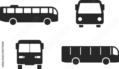 Public transport bus silhouette icon set showing side and front views of city buses isolated on light background for transportation, transit, travel design concepts