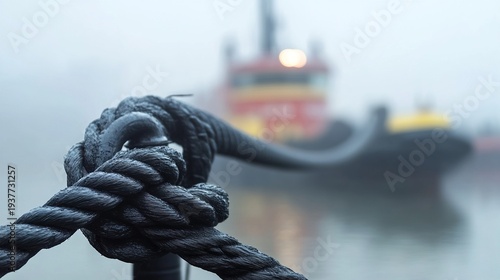 towline. A taut black towline connects a tugboat to a distant ship in morning mist. mobility guides, transit brochures, designed for mobility and urban transit guides, used by bi analysts.