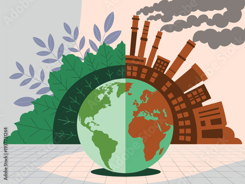 Split illustration of planet Earth, half lush green nature, half industrial pollution with factory smoke, symbolizing environmental contrast.