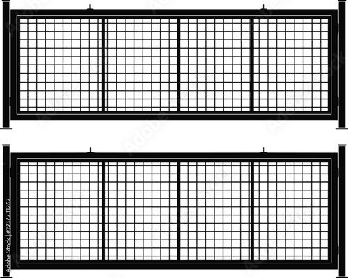 Metal security fence gate silhouettes with grid wire panels, industrial barrier and protective fencing design elements for construction, property protection and perimeter safety