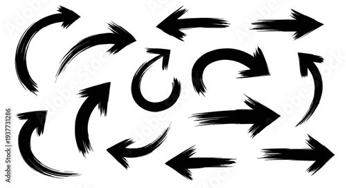 Hand-drawn grunge brush stroke arrows pointing in various directions, a collection of black ink pointers.