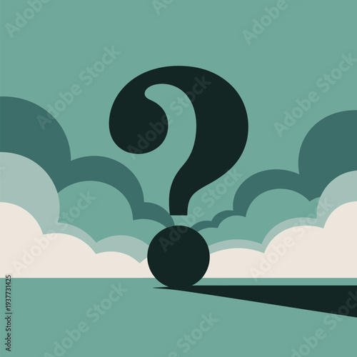Large black question mark resting on a surface with a shadow, set against a stylized cloudy sky, representing mystery, doubt, or a query.
