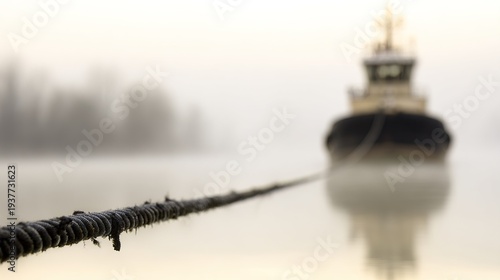 towline. A taut black towline connects a tugboat to a distant ship in morning mist. mobility guides, transit brochures, designed for mobility and urban transit guides, used by bi analysts.