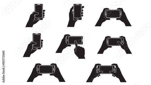 Smartphones held in hands in portrait and landscape orientations for various interactions, including touching the screen.