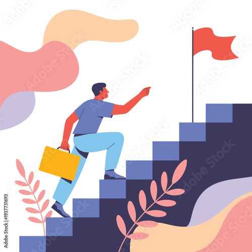 Man climbing stairs towards a goal flag, symbolizing ambition, motivation, and career advancement in a stylized, abstract visual.