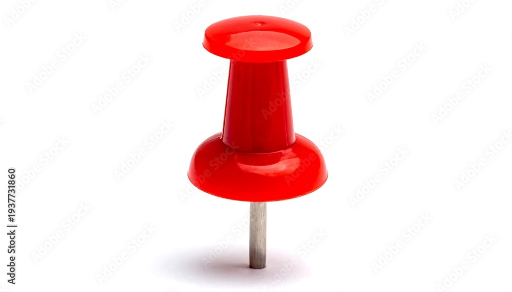 Fototapeta premium Red pushpin, upright on a white backdrop, casting a faint shadow and capturing its glossy surface