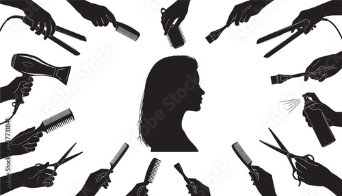 Hair salon tools silhouette collection including scissors, combs, hairdryer, straightener, and spray bottle surrounding a woman's head profile