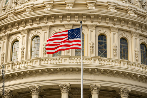 American flag Capitol skyline Washington DC clouds. American flag republic liberty democracy. American flag voting elections law. American flag national authority.