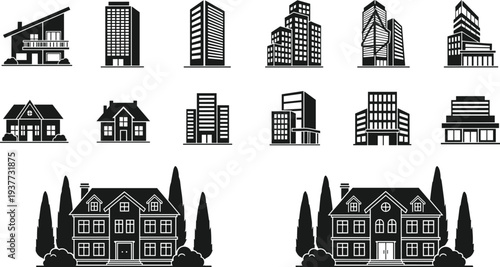 Set of modern house and city building icons, real estate property silhouettes including homes, skyscrapers, offices and apartments isolated on light background vector collection