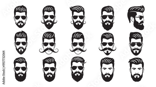 Beards and mustaches icons with sunglasses featuring varied hairstyles in black and white, perfect for graphic design.