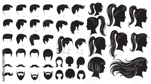 Hairstyles silhouettes with diverse male and female haircuts, moustaches, and beards presented in a collection