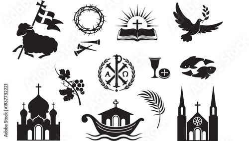Christian symbols including a lamb with flag, crown of thorns, open bible, dove, churches, and fish icons.