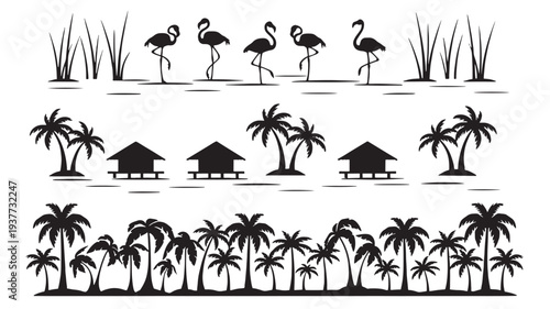 Flamingos, huts, and palm trees in a silhouette design for a tropical island scene. featuring flamingo, beach, hut with nature and water elements for