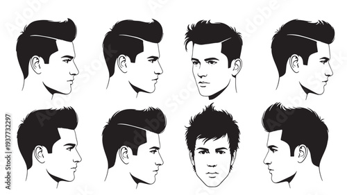 Men's hairstyles set with different styles and angles, presented in a clean black and white line art illustration.