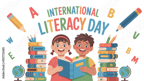 Two children reading book on international literacy day with colorful books and educational tools