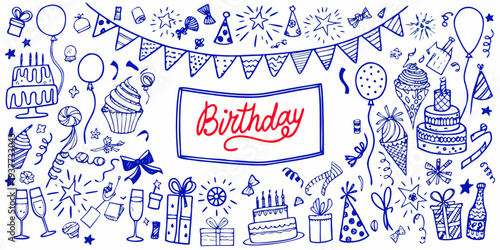 Hand drawn birthday doodles including cake balloons and festive decorations