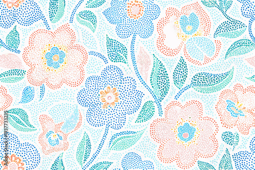 Tableau sur toile Colorful floral pattern created with numerous small dots on a white background