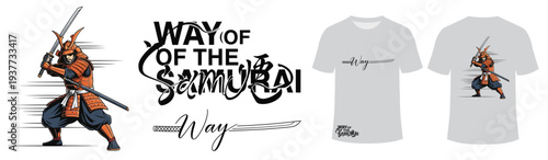 Samurai warrior illustration with katana, Way of the Samurai graphic for t-shirt, Japanese culture