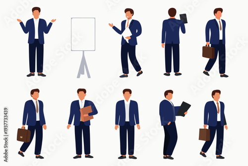 Diverse group of businessmen in suits various poses and actions shown