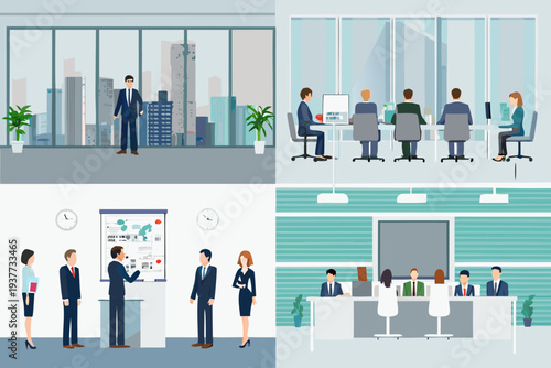 Modern office space with employees collaborating and engaging in business activities