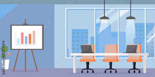 Modern office interior with presentation board and city view through window