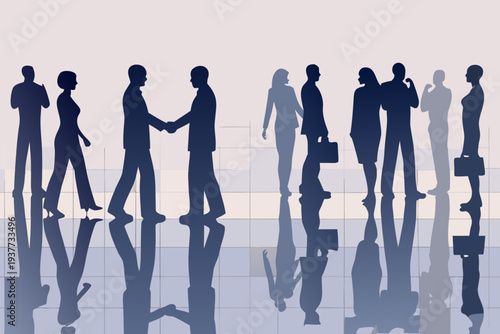 Silhouettes of business people shaking hands and walking in a modern office