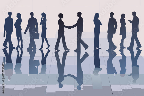 Silhouettes of business people walking and shaking hands in a row