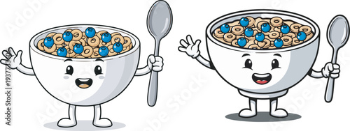 Set of 2 Cute Cartoon Cereal Bowls with Blueberries and Spoons Vector Illustration for Breakfast and Healthy Eating Concepts