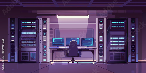 A brightly lit server room with computer workstations and a lone chair