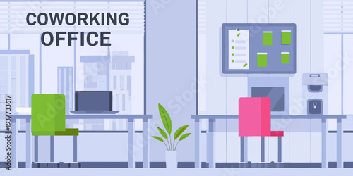 Modern coworking office space with a laptop plant and city view