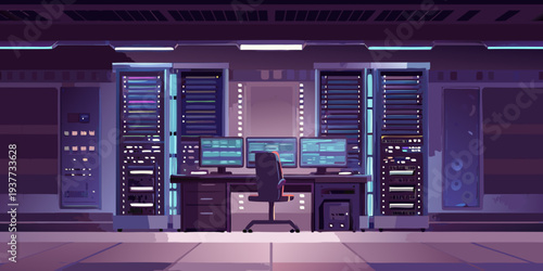 A futuristic server room with glowing monitors and detailed equipment