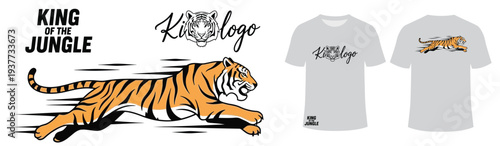 Running tiger illustration, King of the Jungle graphic for t-shirt, wildlife and power