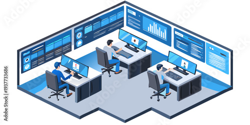 Isometric illustration of a modern security operations center with analysts