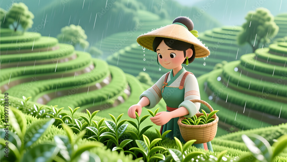 Fototapeta premium Tea picking on terraced fields during Grain Rain solar term