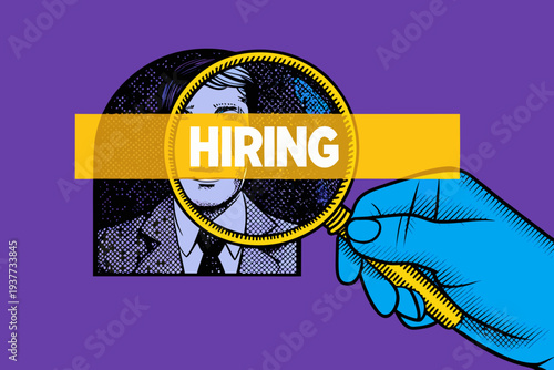 A hand holding a magnifying glass over a person with hiring text