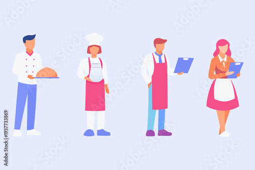 Four restaurant staff members in a line holding food and clipboards