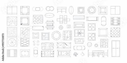 Overhead view of various furniture and object outlines in a grid